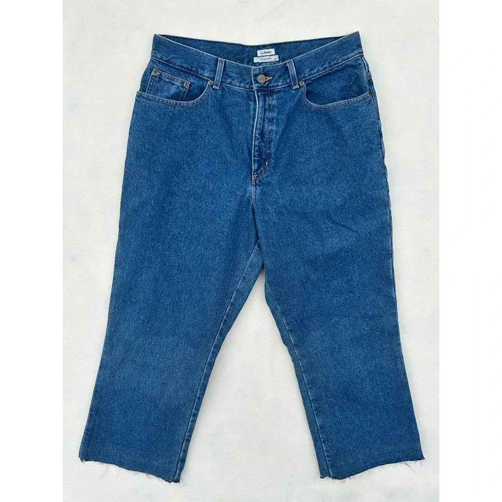 LL Bean Original Fit Flannel Lined Jeans Blue Plaid High‎ Rise Raw Hem Womens 14